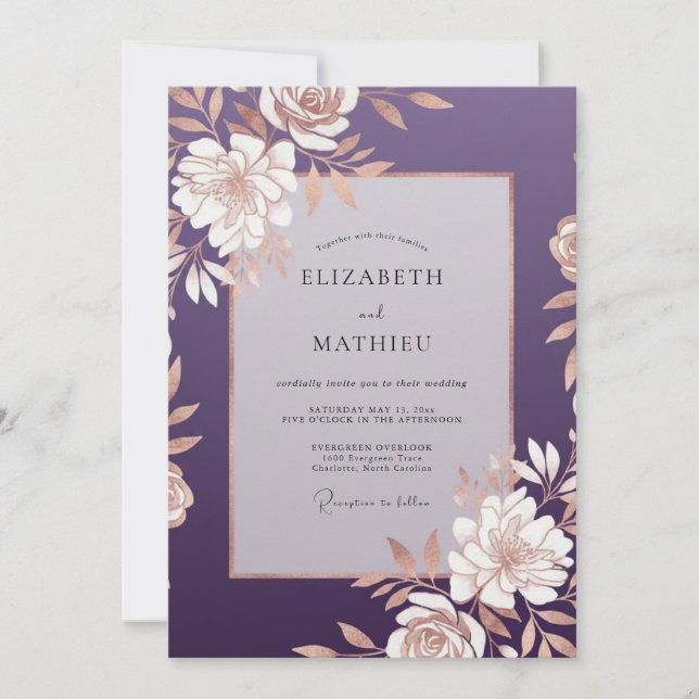 Plum Gold Ranunculus Soft Eucalyptus Wedding Invitation (Front)