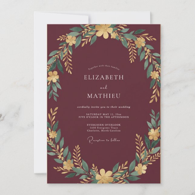 Plum Gold Wreath Wedding Invitation (Front)