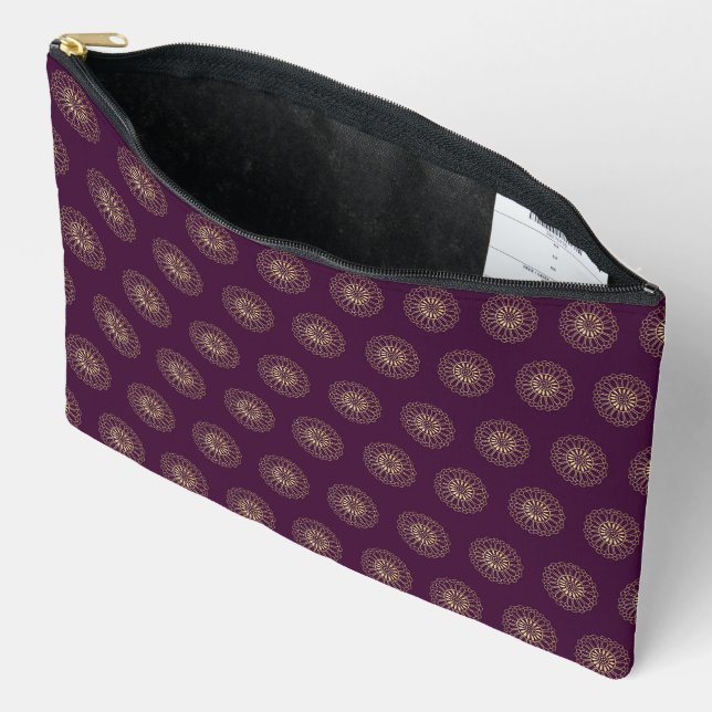 Plum | Golden Zinnia Flower Medallions Accessory Pouch (Open)