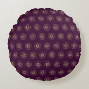Plum Golden Zinnia Flower Medallions Round Cushion
