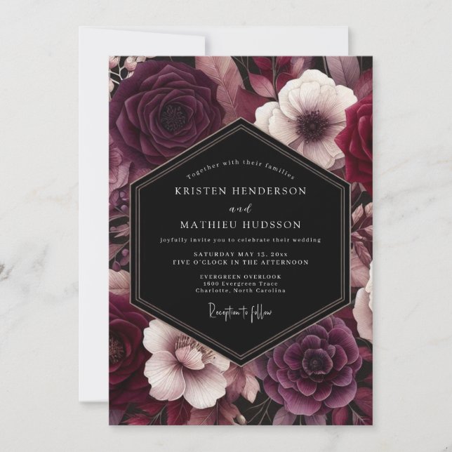 Plum Gothic Flora Wedding Invitation (Front)