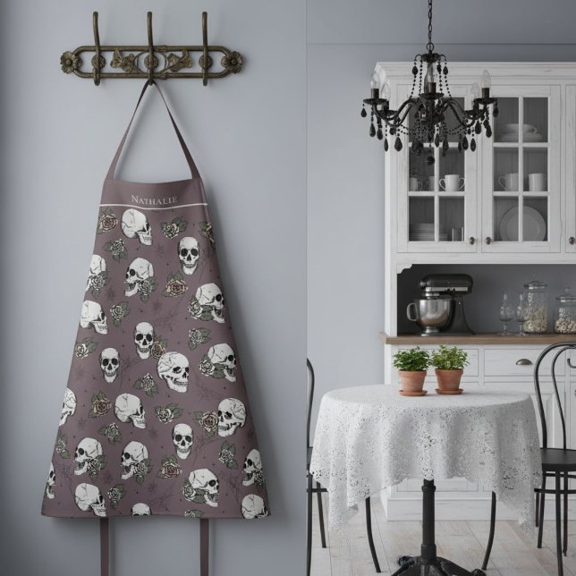 Plum Gothic Skulls and Roses Custom Name Apron (Gothic Halloween or Dia de los Muertos Floral Skull Apron for Her. Skulls, Roses & Webs Fall Pattern)