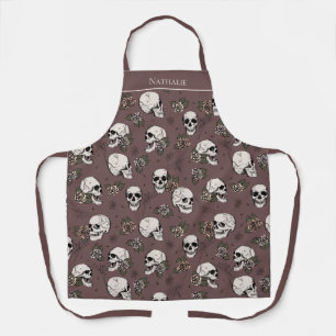 Plum Gothic Skulls and Roses Custom Name Apron