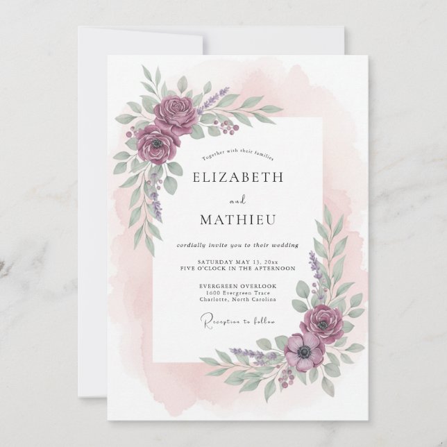 Plum Graceful Watercolor Wedding Invitation (Front)