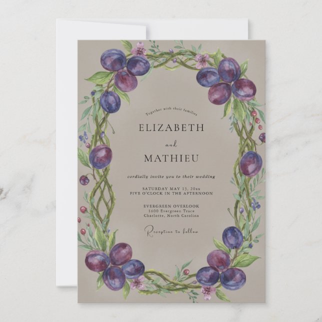 Plum Grapes Vine Wedding Invitation (Front)