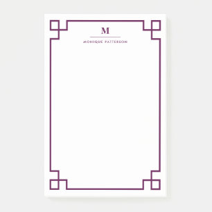 Plum Greek Key Border Monogram Personalised Post-it Notes