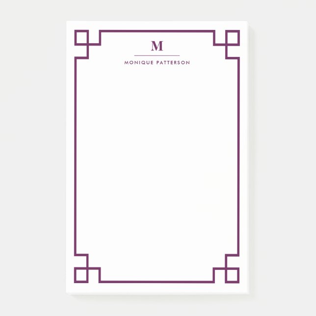 Plum Greek Key Border Monogram Personalised Post-it Notes (Front)