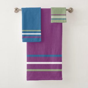 Plum Green Blue White Geometric Stripes Bath Towel Set