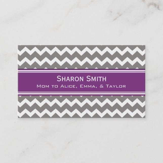 Plum Grey Chevron Retro Mum Calling Cards (Front)