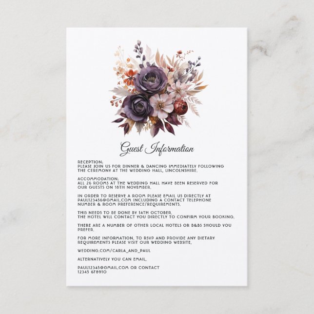 Plum, Grey, Copper and Dusty Rose Floral Wedding Enclosure Card (Front)
