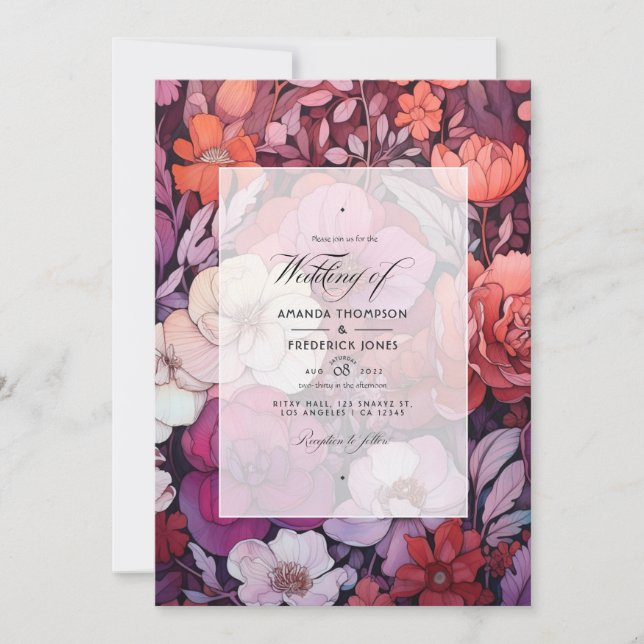 Plum, Grey, Copper and Dusty Rose Floral Wedding I Invitation (Front)