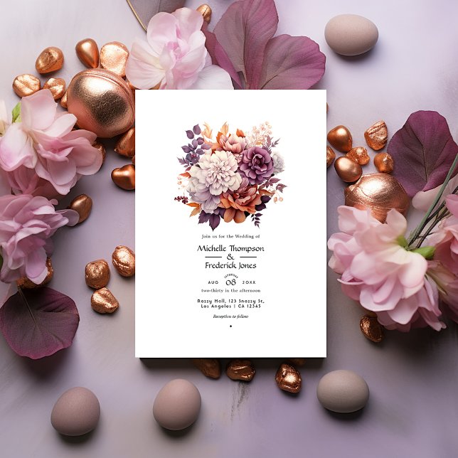 Plum, Grey, Copper and Dusty Rose Floral Wedding Invitation (Creator Uploaded)
