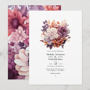Plum, Grey, Copper and Dusty Rose Floral Wedding Invitation