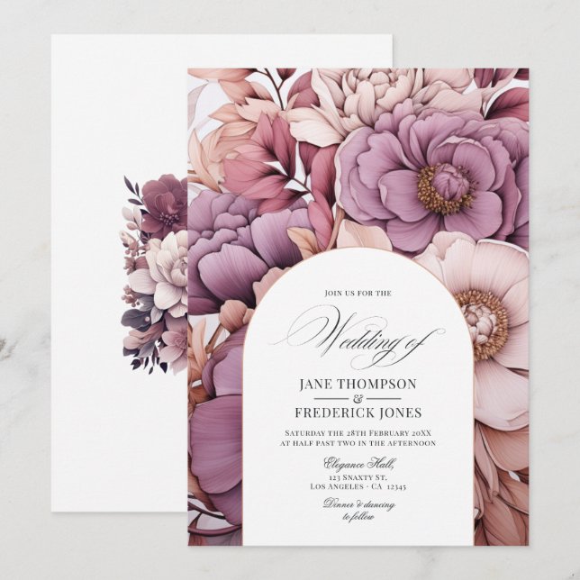 Plum, Grey, Copper and Dusty Rose Wedding Invitation (Front/Back)