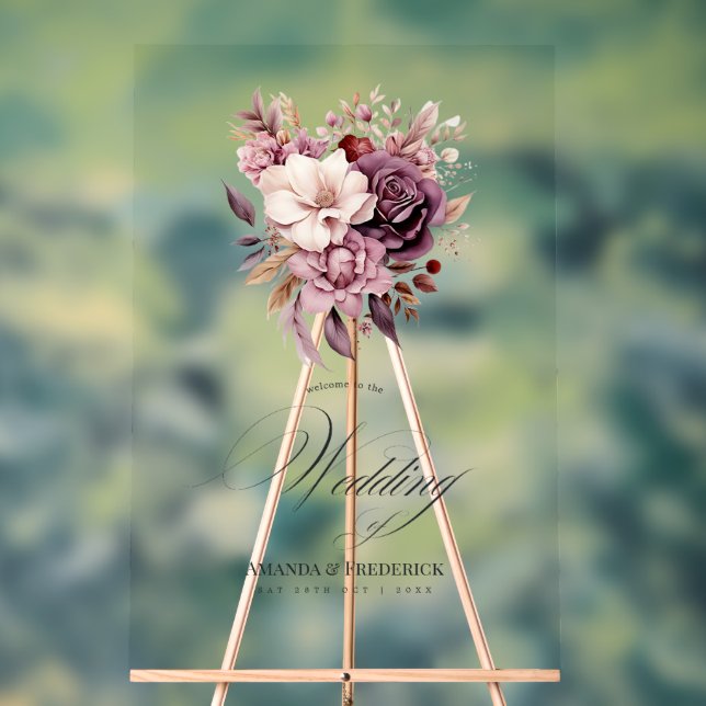 Plum, Grey, Copper and Dusty Rose Wedding Welcome Acrylic Sign (Neutral)