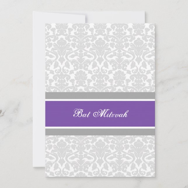 Plum Grey Damask Bat Mitzvah Invitations (Front)