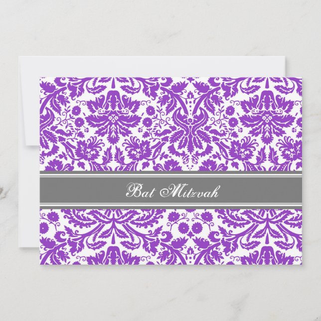 Plum Grey Damask Bat Mitzvah Invitations (Front)