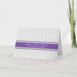 Plum Grey Damask Just Married Announcement Card