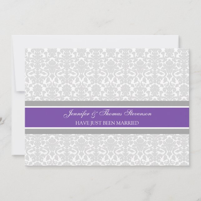 Plum Grey Damask Just Married Announcement Cards (Front)