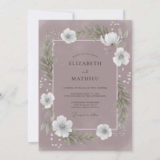 Plum Grey Ethereal Anemone Wedding Invitation (Front)