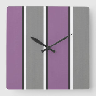 Plum Grey White Stripe Modern Square Wall Clock