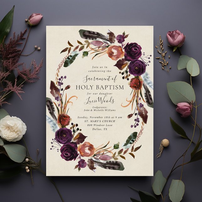 Plum Harvest Floral Baby Girl Baptism Invitation (Creator Uploaded)