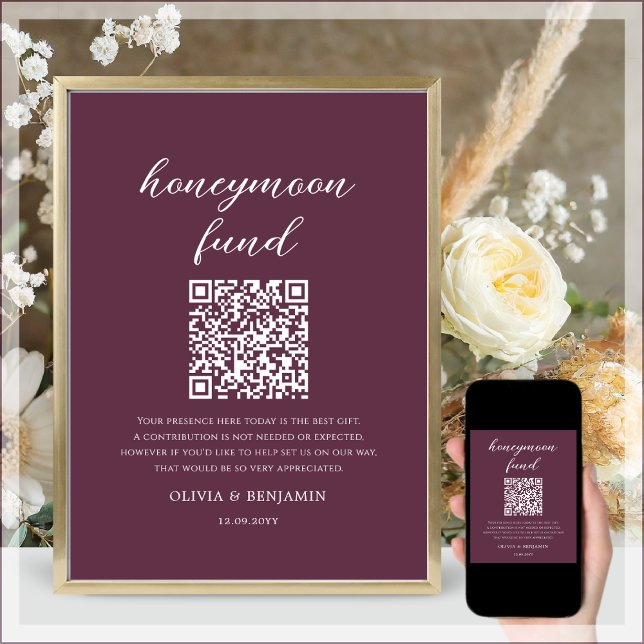Plum Honeymoon Fund QR Code Wedding Sign (Creator Uploaded)