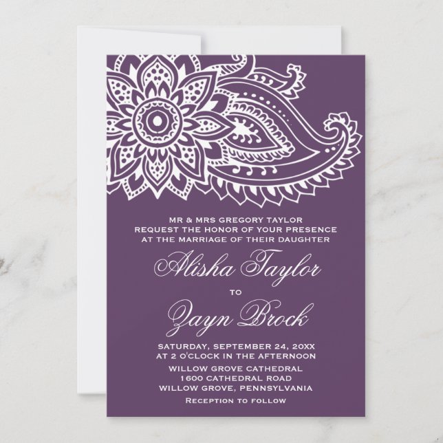 Plum Indian Paisley Formal Wedding Invitation (Front)