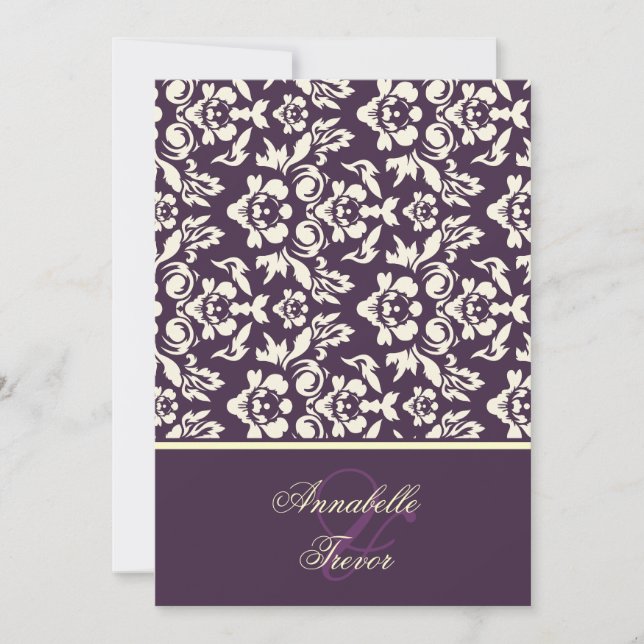 Plum/ivory cream damask invitation (Front)