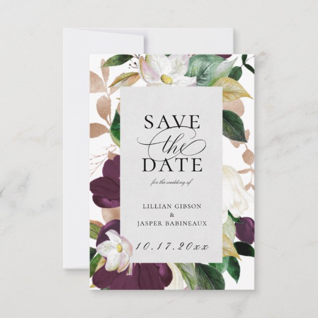 Plum Ivory Floral Save the Date Announcement (Front)