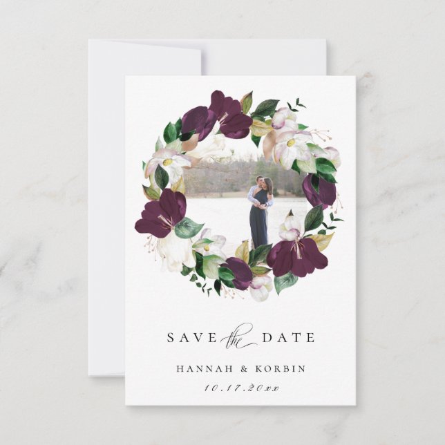 Plum Ivory Floral Wreath Photo Save The Date Announcement (Front)