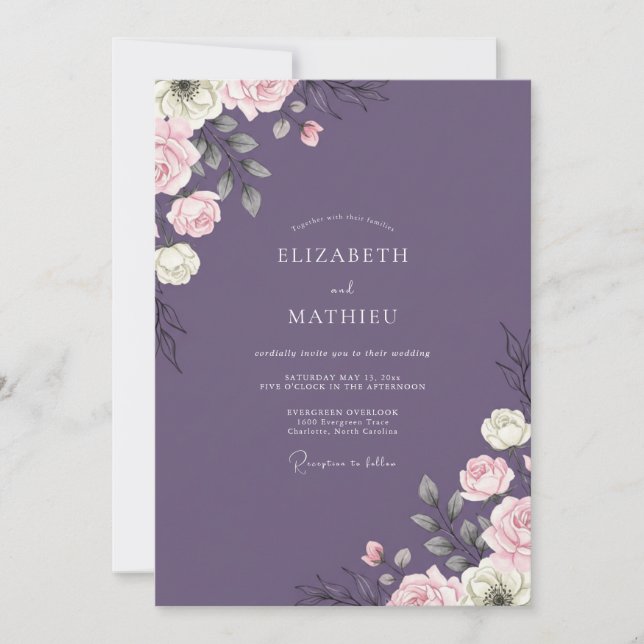 Plum Ivory Foliage Eucalyptus Wedding Invitation (Front)