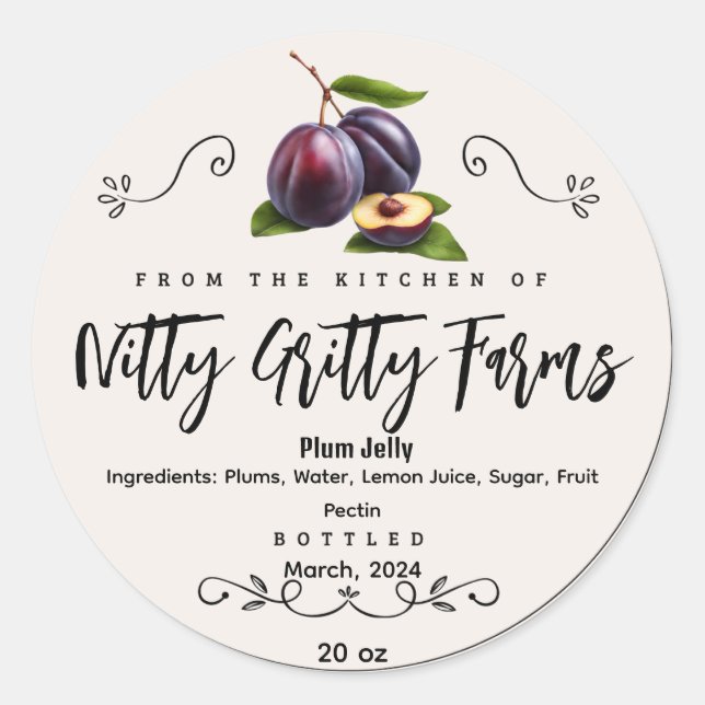 Plum Jam Jelly preserve Custom Canning Label (Front)