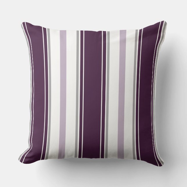 Plum Lavender Grey White Vertical Stripes  | Cushion (Front)