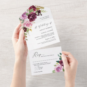 Plum Lavender Purple Blush Floral Wedding All In One Invitation