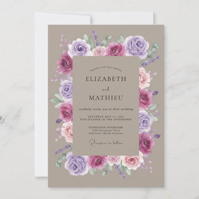 Plum Lavender Romantic Floral Wedding Invitation (Front)