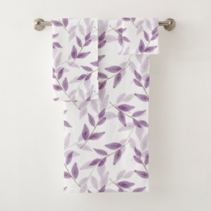 Plum Layered Watercolor Leaves Pattern Bath Towel Set