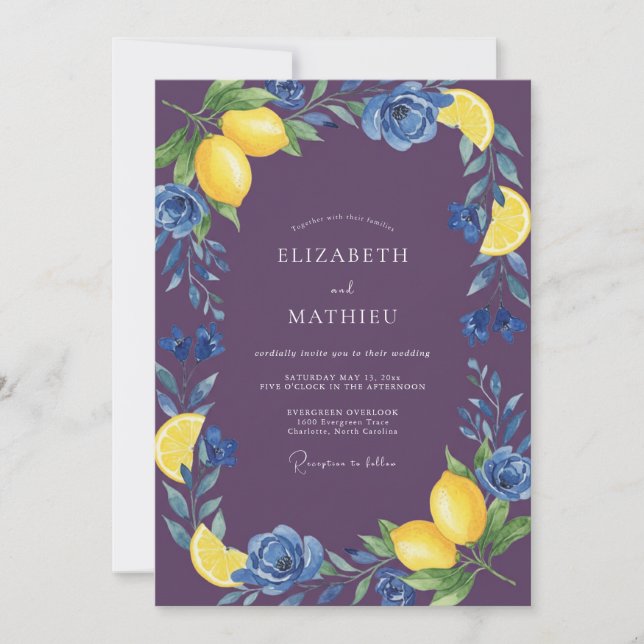 Plum Lemon Citrus Eucalyptus Wedding Invitation (Front)