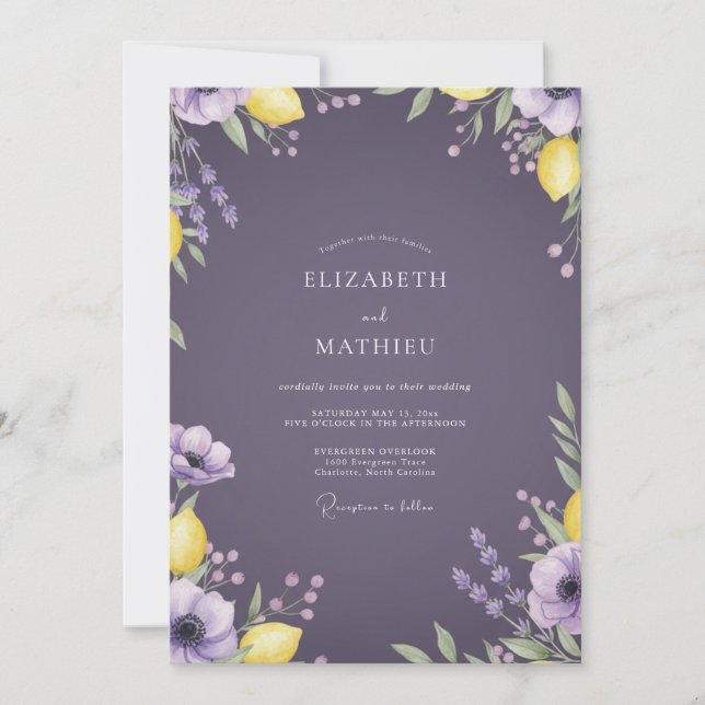 Plum Lemon Lavender Eucalyptus Wedding Invitation (Front)