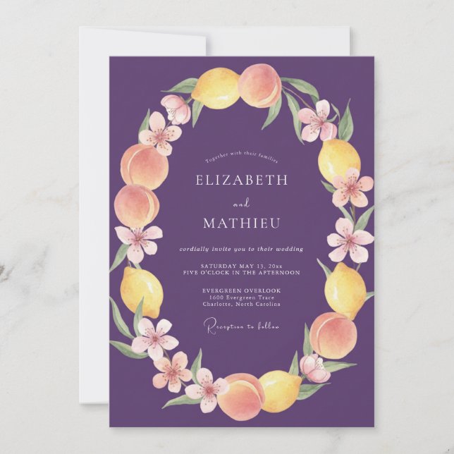 Plum Lemon Peach Eucalyptus Wedding Invitation (Front)