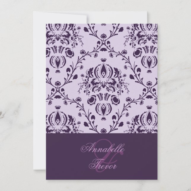 Plum/lilac damask, custom wedding invitation (Front)