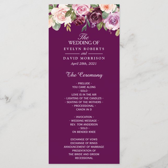 Plum Lilac Purple Blush Floral Chic Wedding Program (Front)