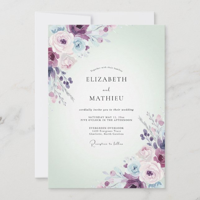 Plum Lilac Ranunculus Sage Wedding Invitation (Front)