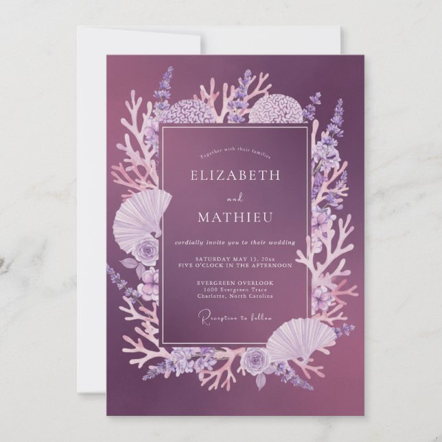 Plum Marine Shell Eucalyptus Wedding Invitation (Front)