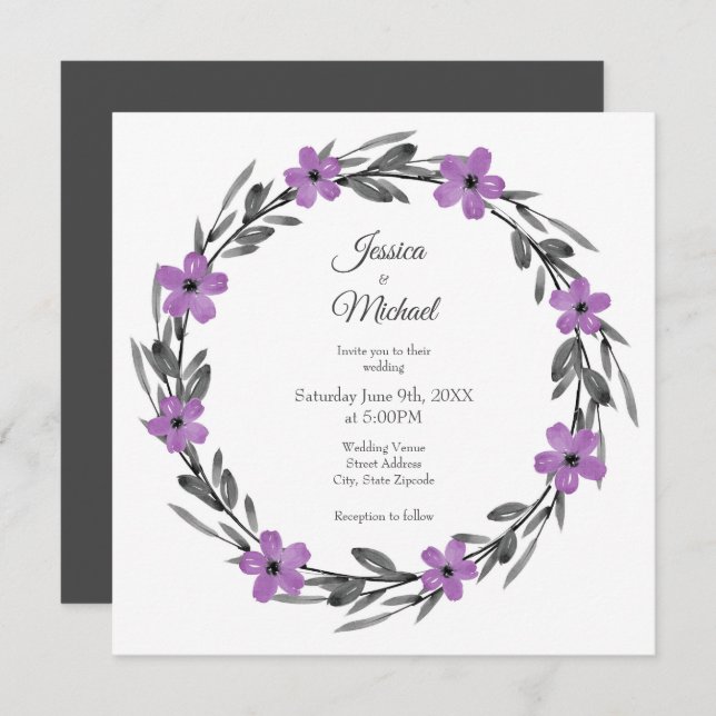 Plum Mauve Grey Black Watercolor Floral Wreath Invitation (Front/Back)
