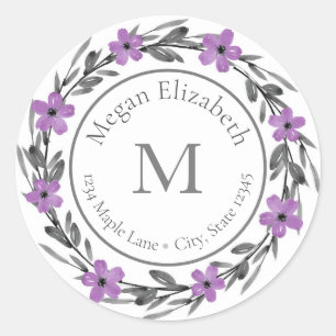 Plum Mauve Grey Watercolor Floral Wreath labels