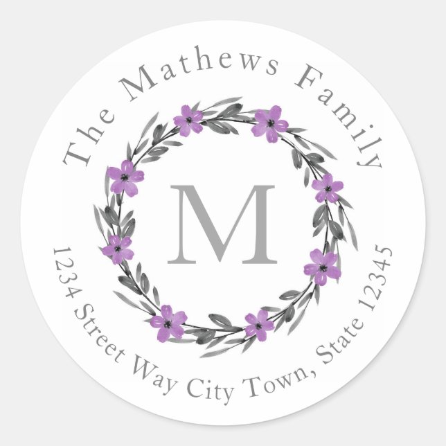 Plum Mauve Grey Watercolor Floral Wreath Labels (Front)