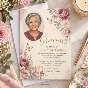 Plum Mauve & Ivory Floral Photo Catholic Funeral Thank You Card