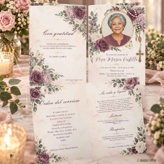 Plum Mauve Ivory Floral Photo Catholic Memorial Program