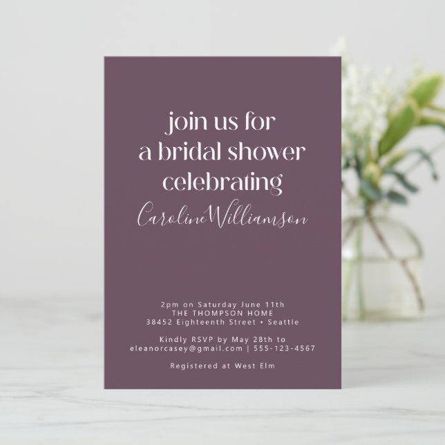 Plum Mauve Modern Script Bridal Shower Party Invitation (Standing Front)